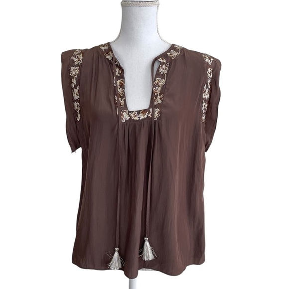 Ramy Brook Short Ruffle Sleeves Tie Neck Floral Embroidery Brown Blouse - Picture 1 of 9